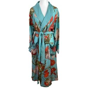 One Hundred Stars Duster Kimono Dressing Gown floral blue red botanical belted